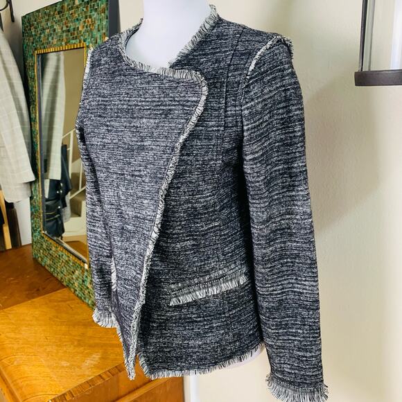 Banana Republic Sz S Asymmetrical Tweed Fringe Blazer Jacket Black Gray Career - Picture 6 of 9